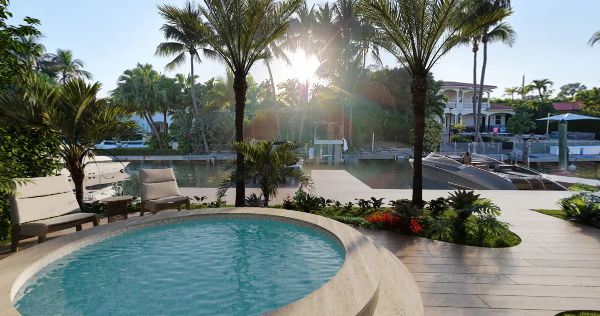 Waterfront plunge pool surrounded by palms