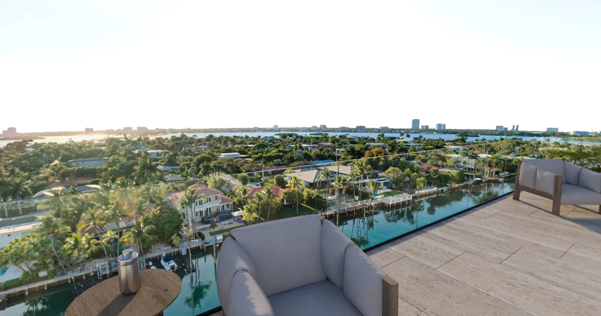 Rooftop lounge seating overlooking Bay Harbor Islands