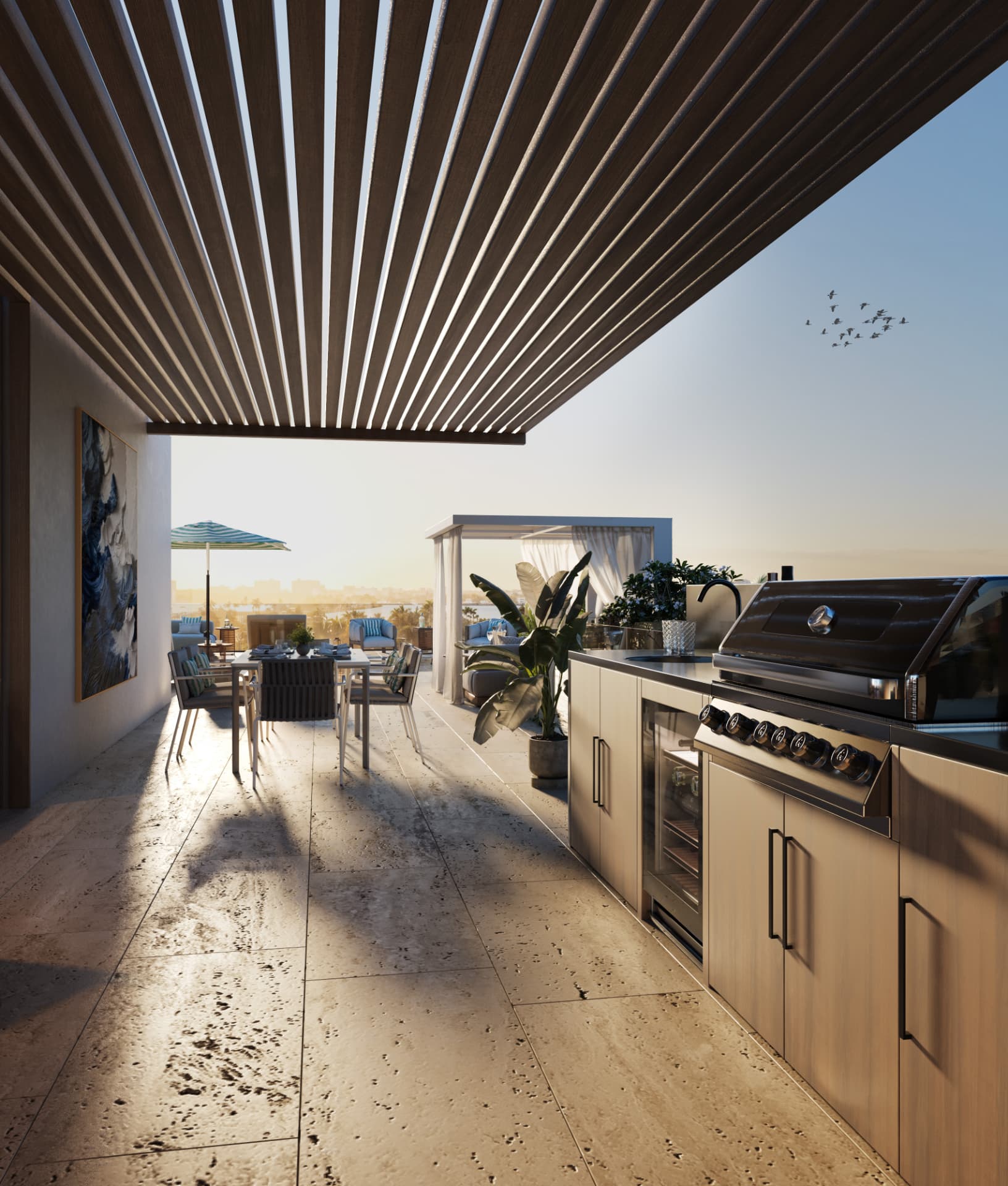 ola rooftop barbecue and summer kitchen at sunset