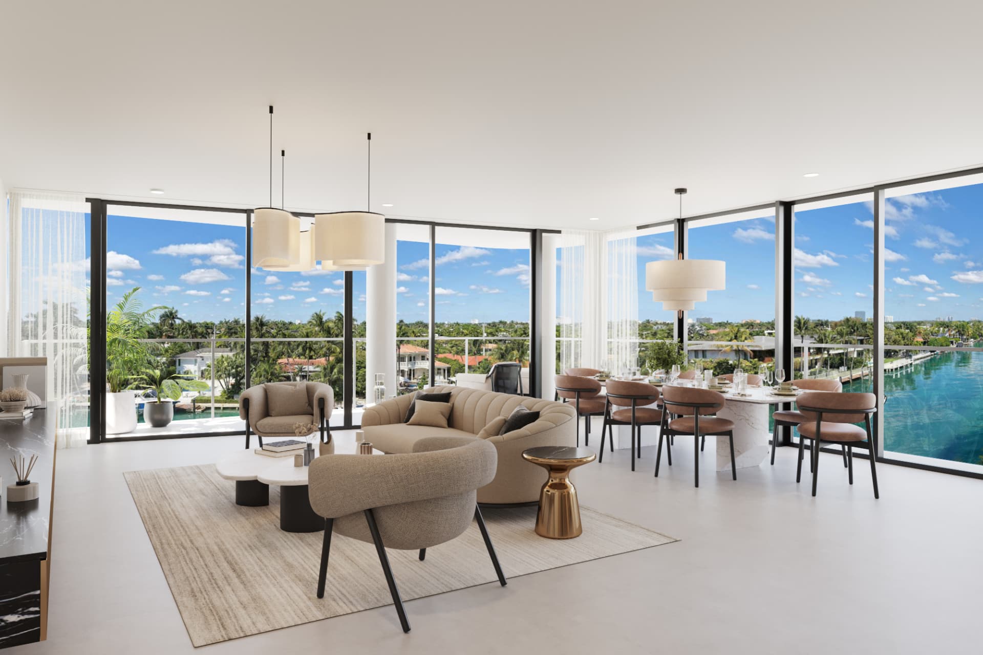 Residence 301 living and dining room wrapped in glass