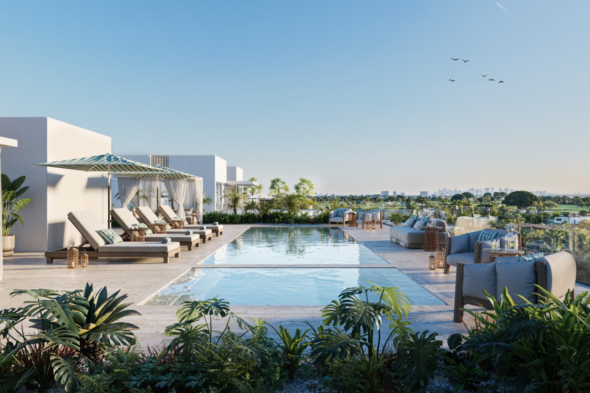 ola rooftop pool and cabanas overlooking Bay Harbor Islands