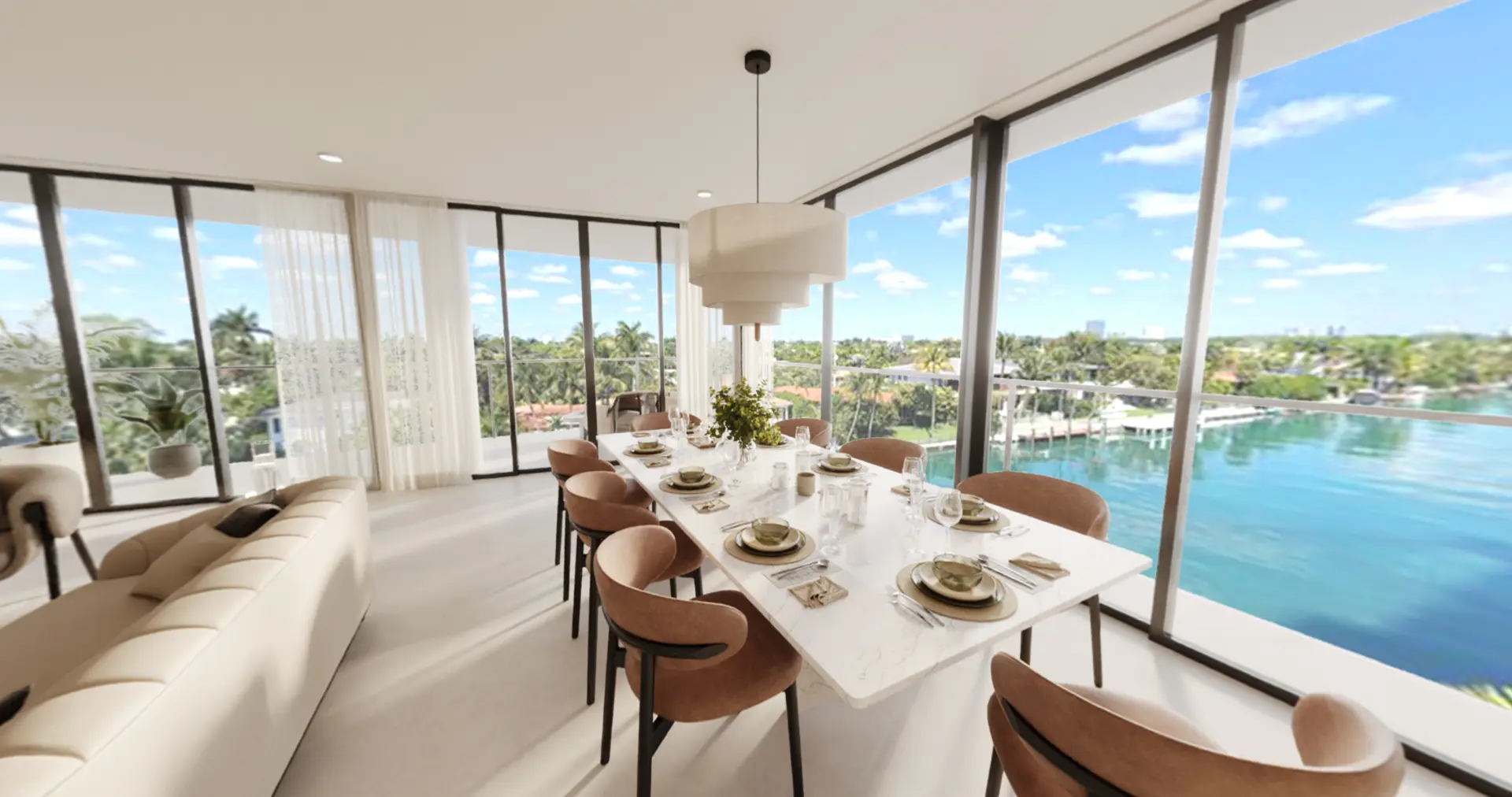 Corner dining room with wraparound glass over the intracoastal