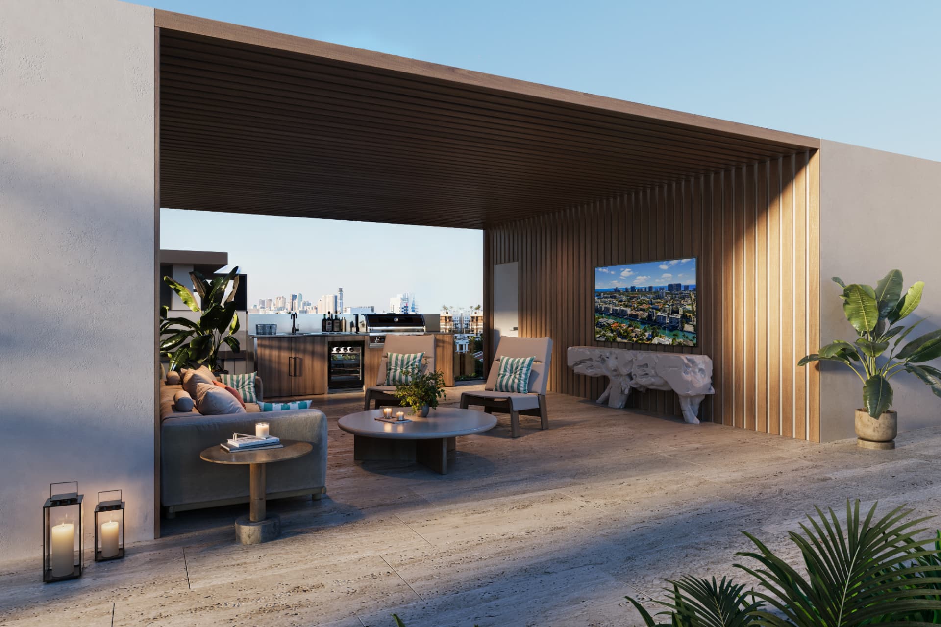 Covered ola rooftop lounge with television and summer kitchen