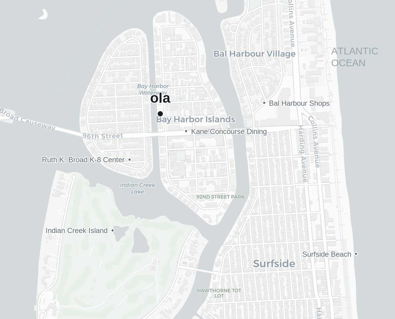 Map of Bay Harbor Islands showing ola at 9720 W Bay Harbor Drive, Bal Harbour Shops, Surfside Beach, Indian Creek Island and the Atlantic Ocean