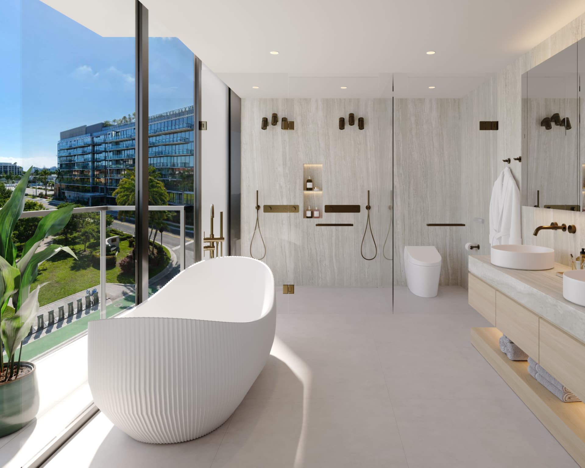 Residence 301 marble primary bathroom with soaking tub and double shower