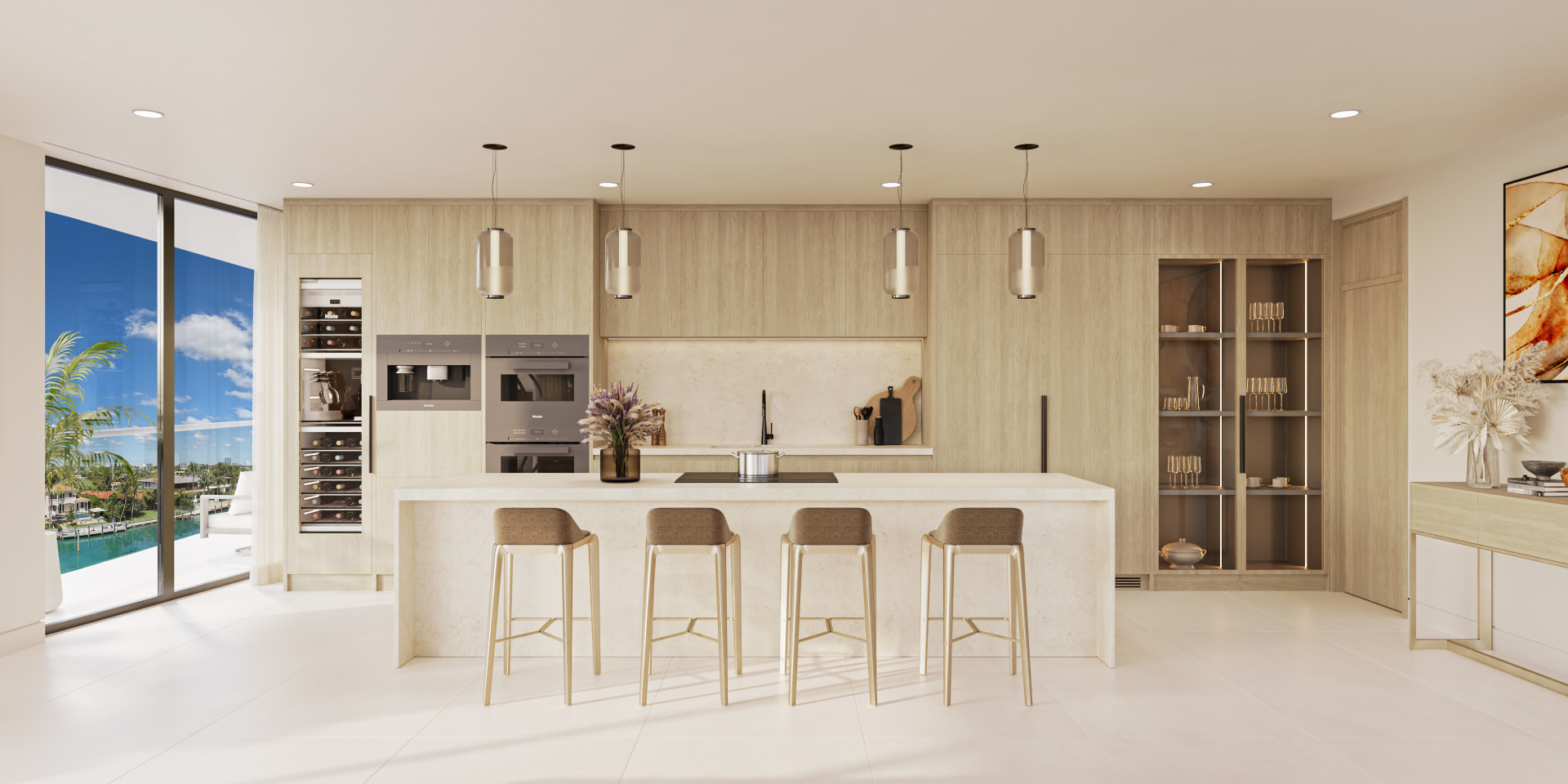 ola residence 501 Snaidero kitchen with Miele appliances, wine coolers, and a waterfront view through the terrace glass